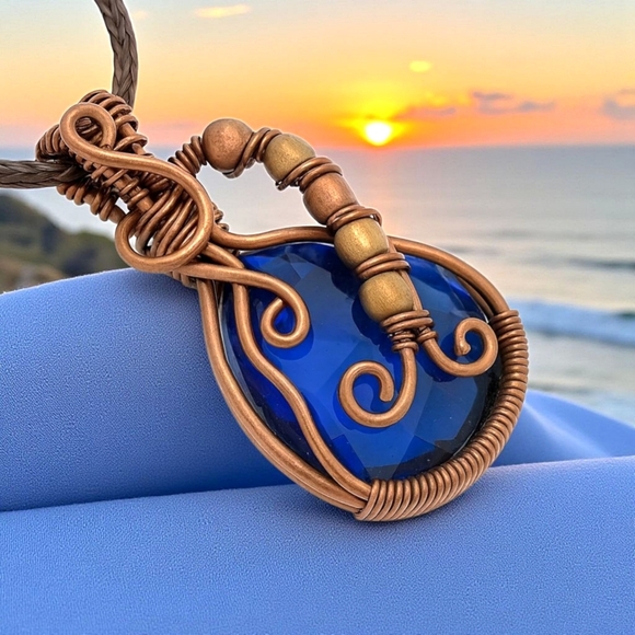 🆕️ Boho Chic Deep Blue Quartz Copper Wire Wrapped Pendant Statement Necklace - Picture 14 of 16